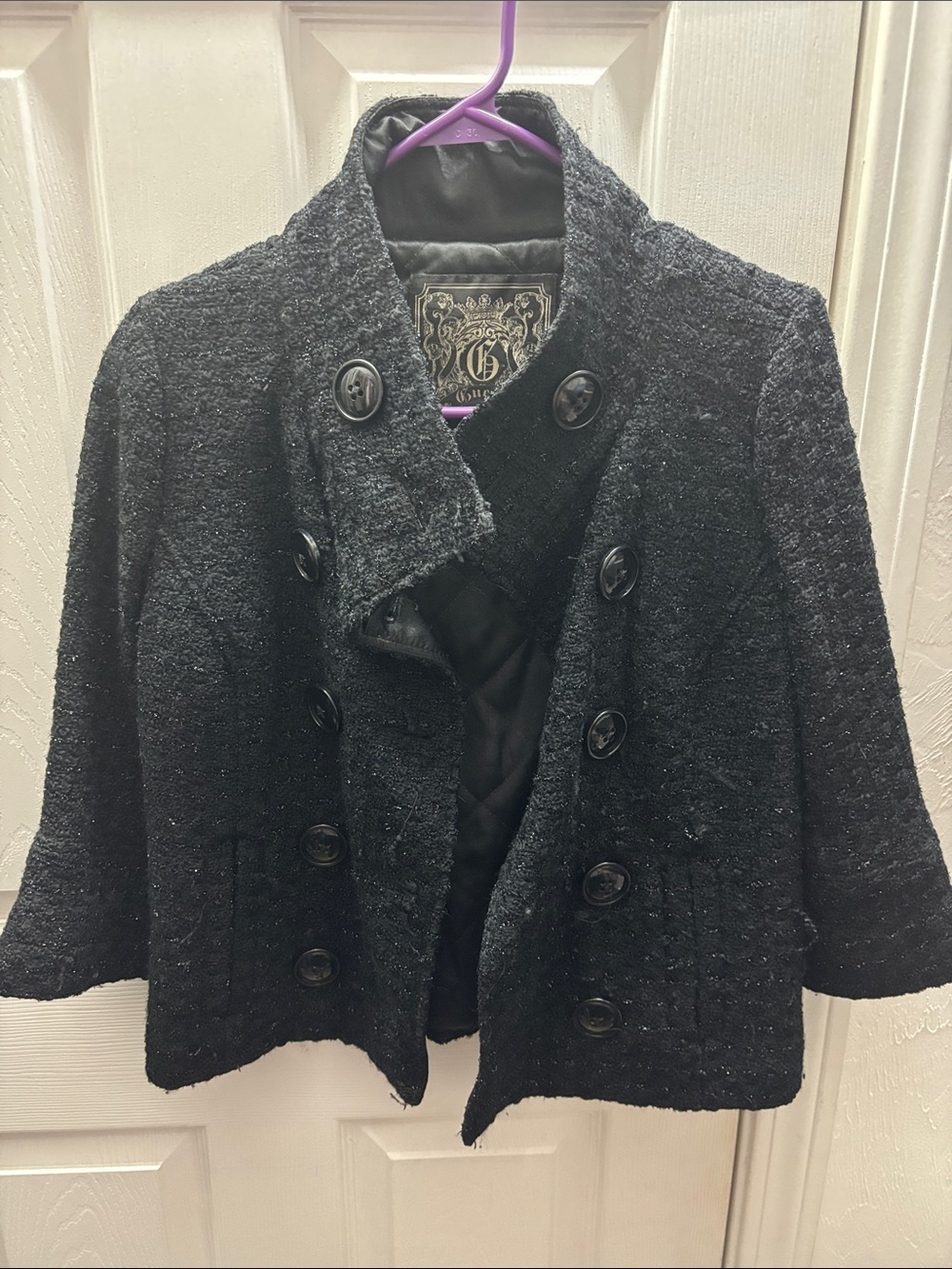 Guess brand 2000s Black Textured Double-Breasted short Jacket